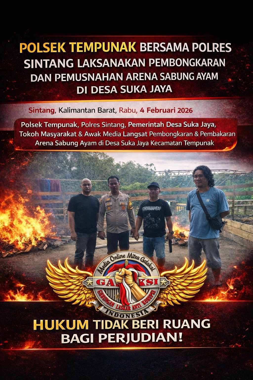 Polsek Tempunak Bersama Polres Sintang Laksanakan Pembongkaran dan Pemusnahan Arena Sabung Ayam di Desa Suka Jaya