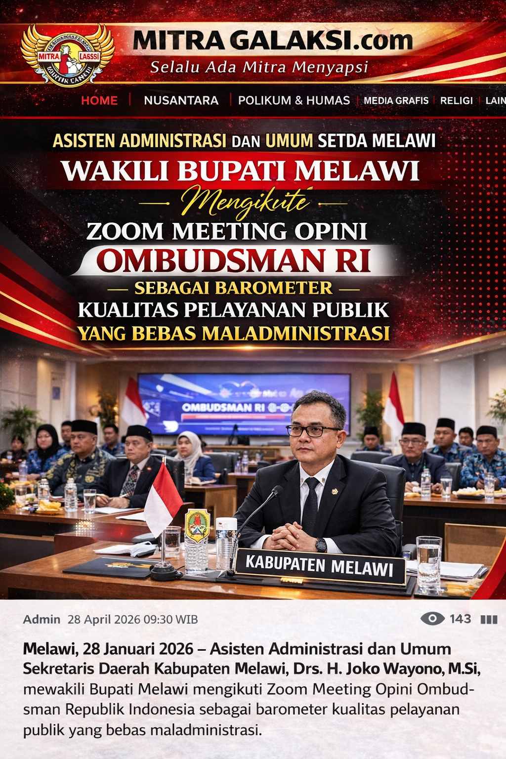 Asisten Administrasi dan Umum Setda Melawi Wakili Bupati Ikuti Zoom Meeting Opini Ombudsman RI