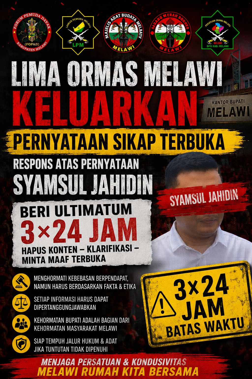 Lima Ormas Melawi Keluarkan Pernyataan Sikap Terbuka, Beri Ultimatum 3×24 Jam kepada Syamsul Jahidin